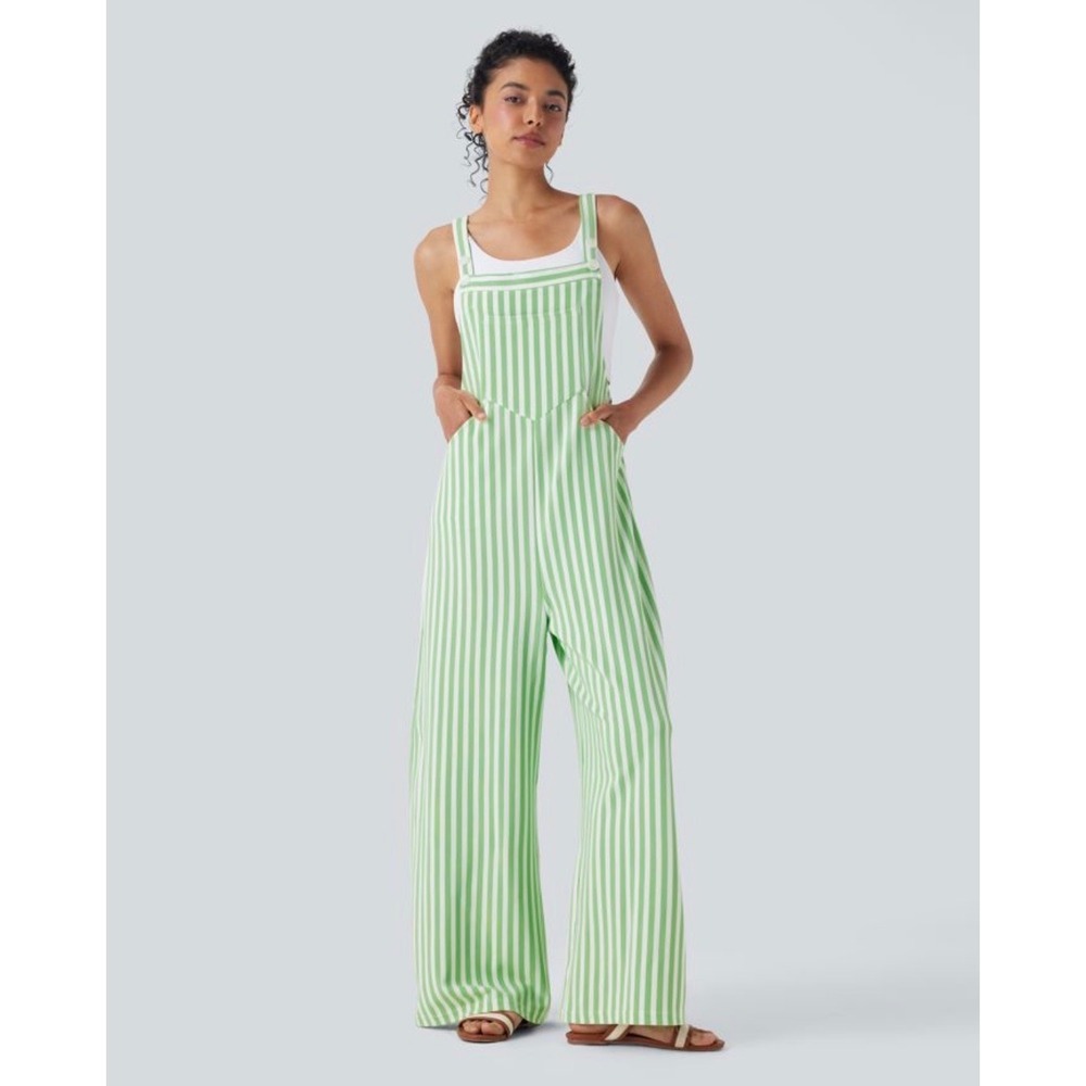 Halara Green White Striped Wide Leg Bib Overalls Pockets Medium Regular